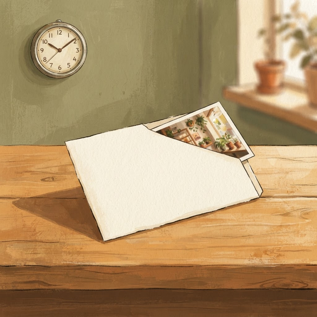 Illustration of a paper envelope on a wooden counter, a photograph peeking out of it